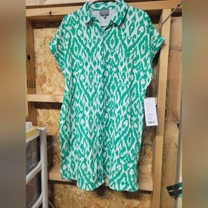 Berkley Jenson NWT Green and White Gauze Print Shirt Dress Size Large‎